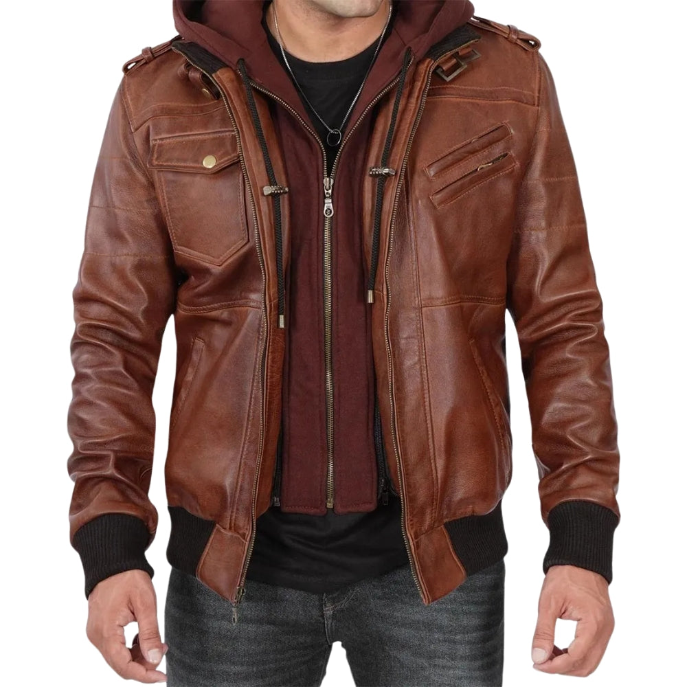 Men’s Brown Bomber Leather Jacket with Removable Hood