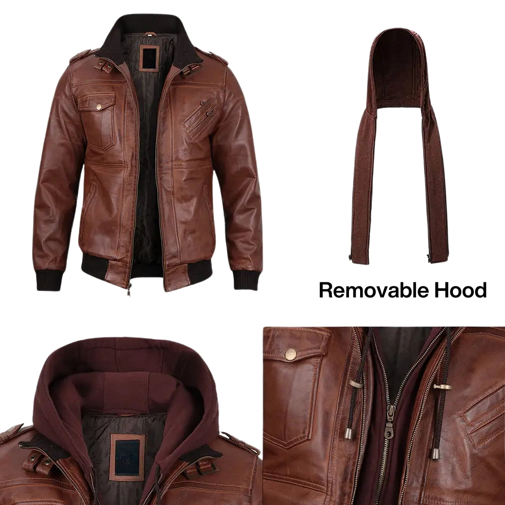 Men’s Brown Bomber Leather Jacket with Removable Hood