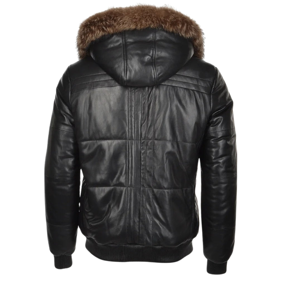 Black Aspen Lambskin and Sheepskin Hooded Jacket with Fox Fur Trim