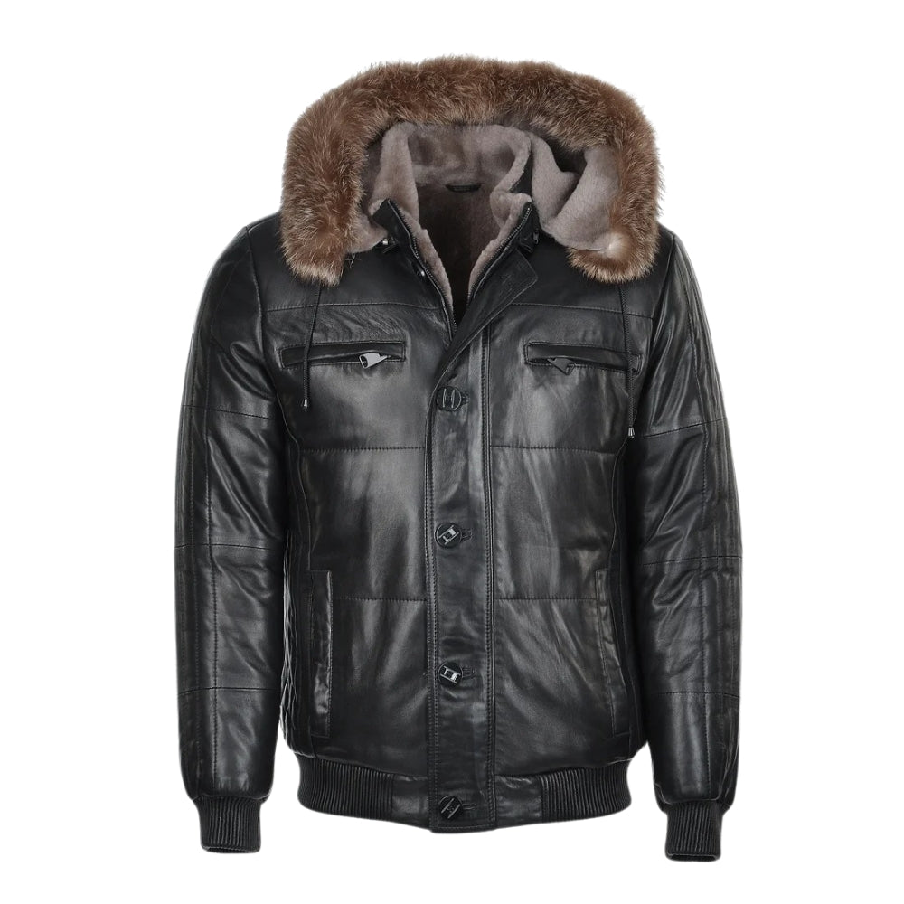 Black Aspen Lambskin and Sheepskin Hooded Jacket with Fox Fur Trim