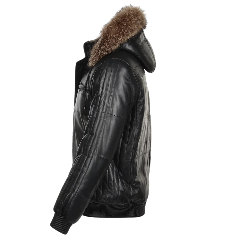 Black Aspen Lambskin and Sheepskin Hooded Jacket with Fox Fur Trim