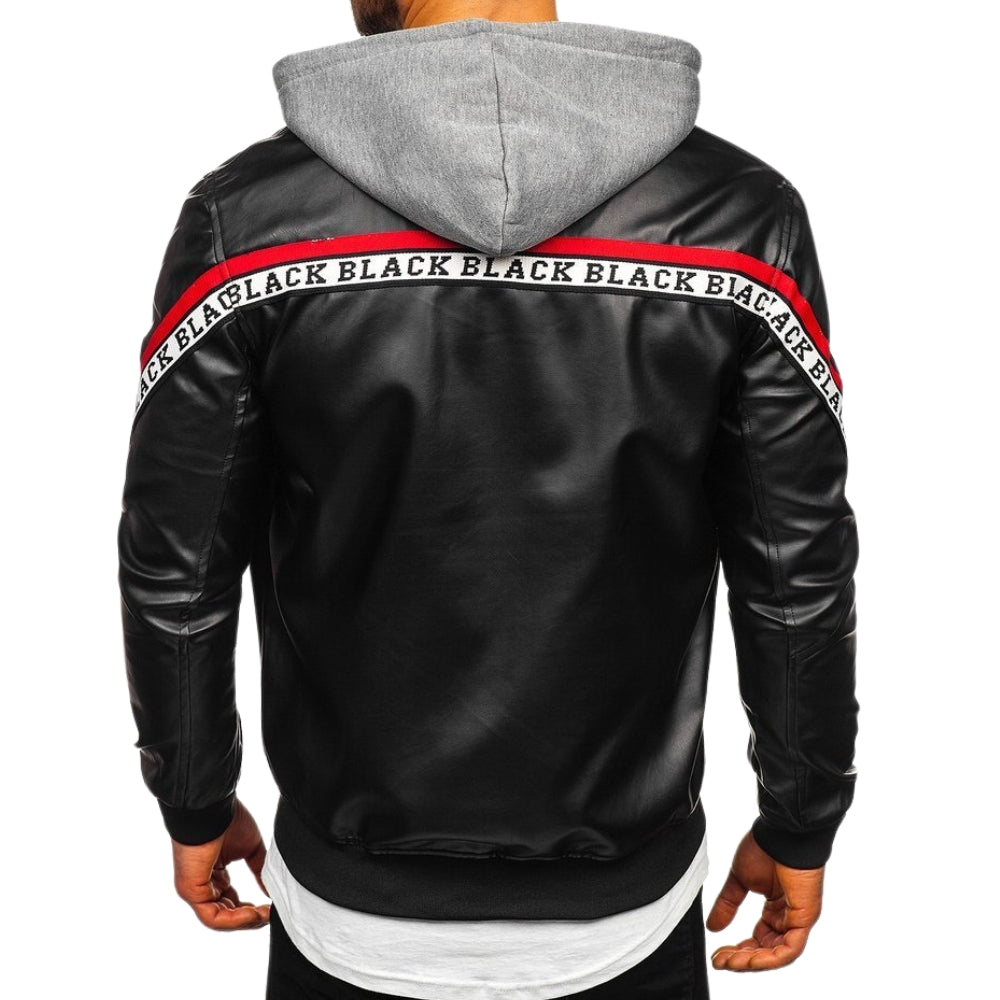 Men’s Black & Red Hooded Leather Jacket