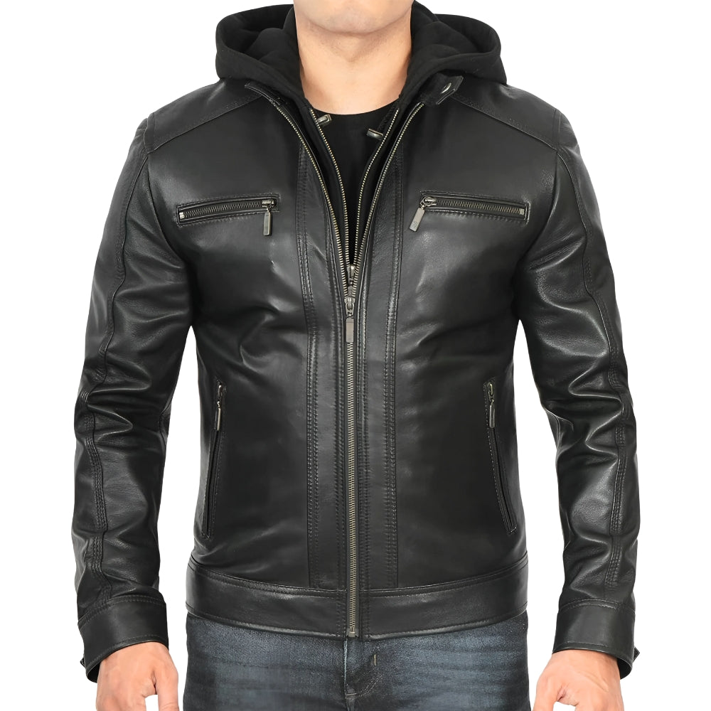 Men’s Black Hooded Cafe Racer Leather Jacket