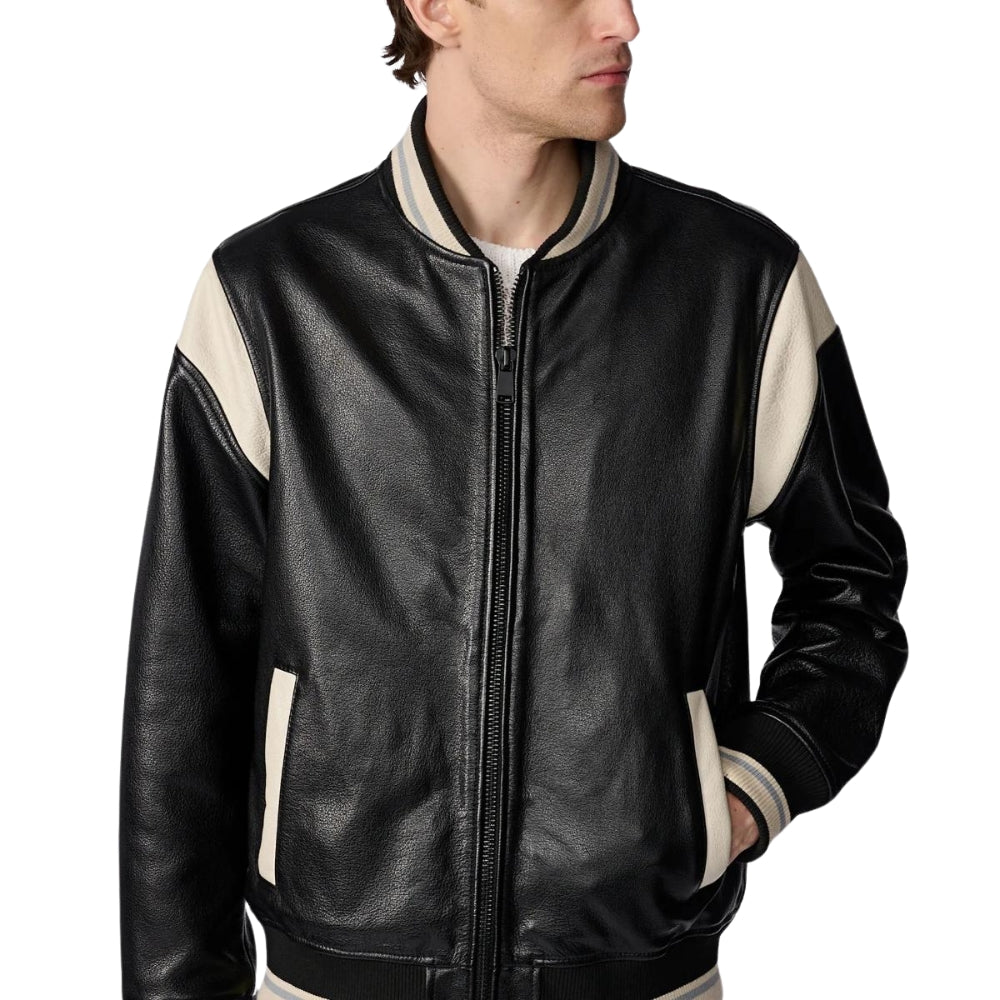 Men’s Black Leather Varsity Jacket with White Stripes