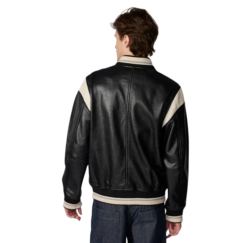 Men’s Black Leather Varsity Jacket with White Stripes