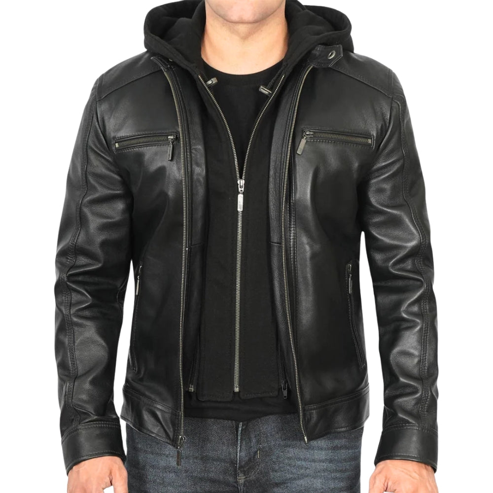 Men’s Black Hooded Cafe Racer Leather Jacket