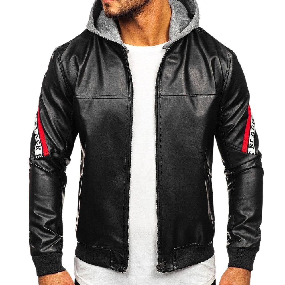 Men’s Black & Red Hooded Leather Jacket