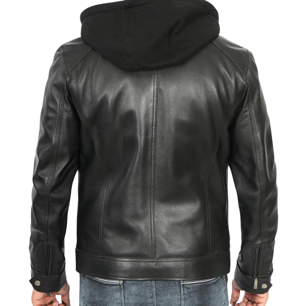 Men’s Black Hooded Cafe Racer Leather Jacket