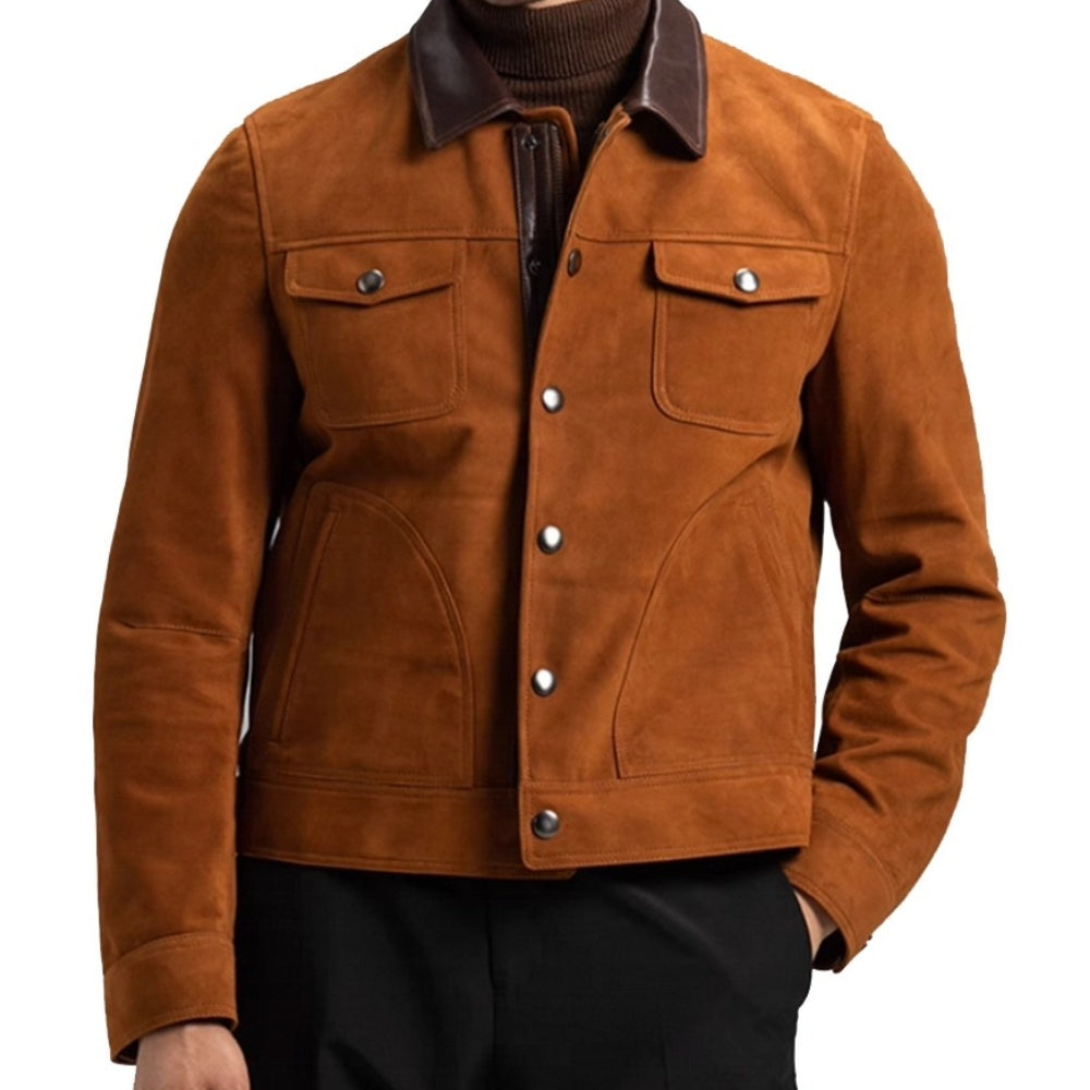 Men’s Brown Suede Trucker Jacket – Vintage Leather Bomber Style