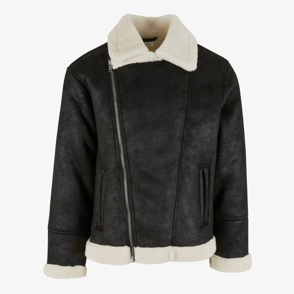 Black Bomber Leather Jacket – Shearling Biker Winter Jacket