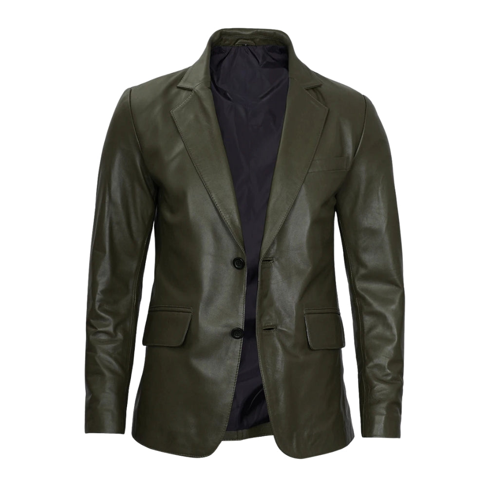 Men's Dark Green Blazer Real Leather Jacket