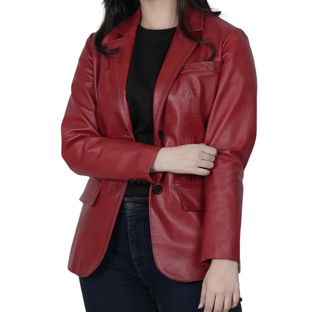 Women’s Red Leather Blazer Jacket