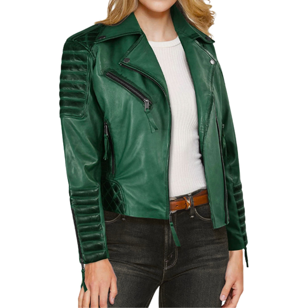 Charlotte Burnt Green Biker Leather Jacket