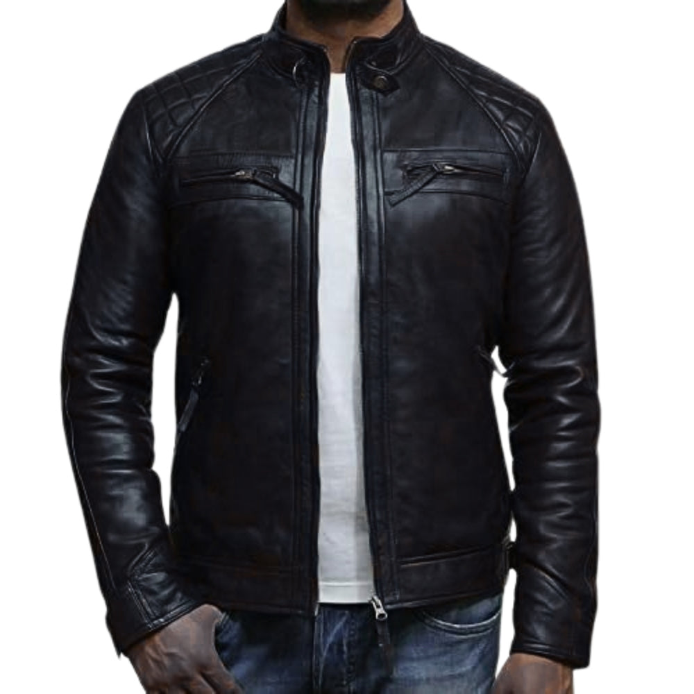 Black Biker Leather Jacket Distressed Retro Real Sheepskin Mens Leather Motorcycle Jacket