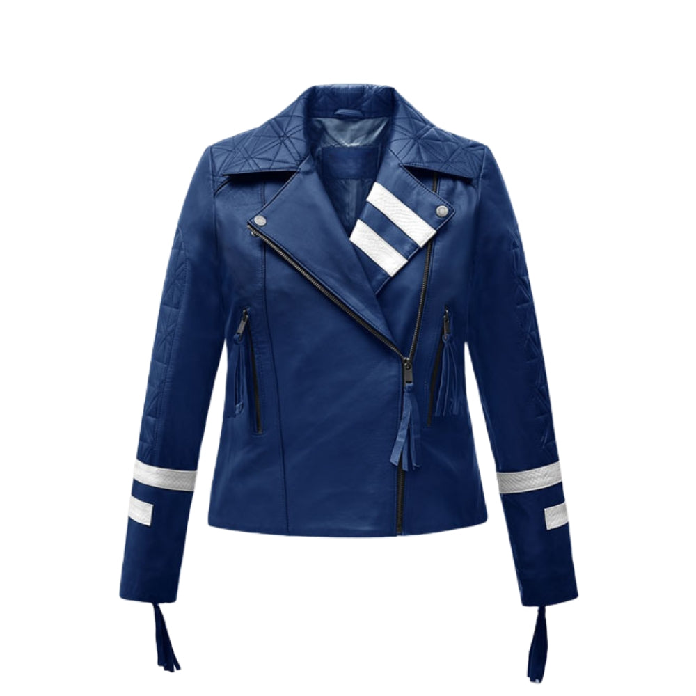 Bold Blue Moto Leather Jacket with Quilted