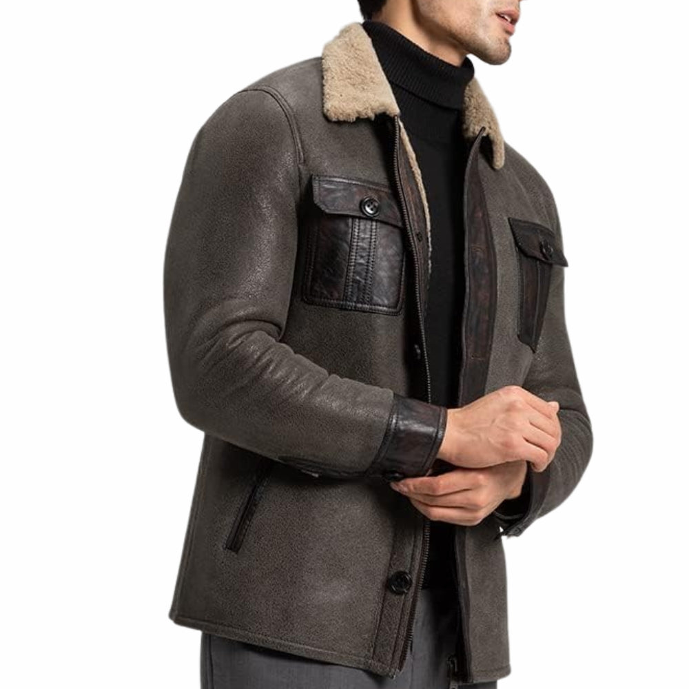 Men's Grey Sheepskin Shearling Bomber Leather Jacket