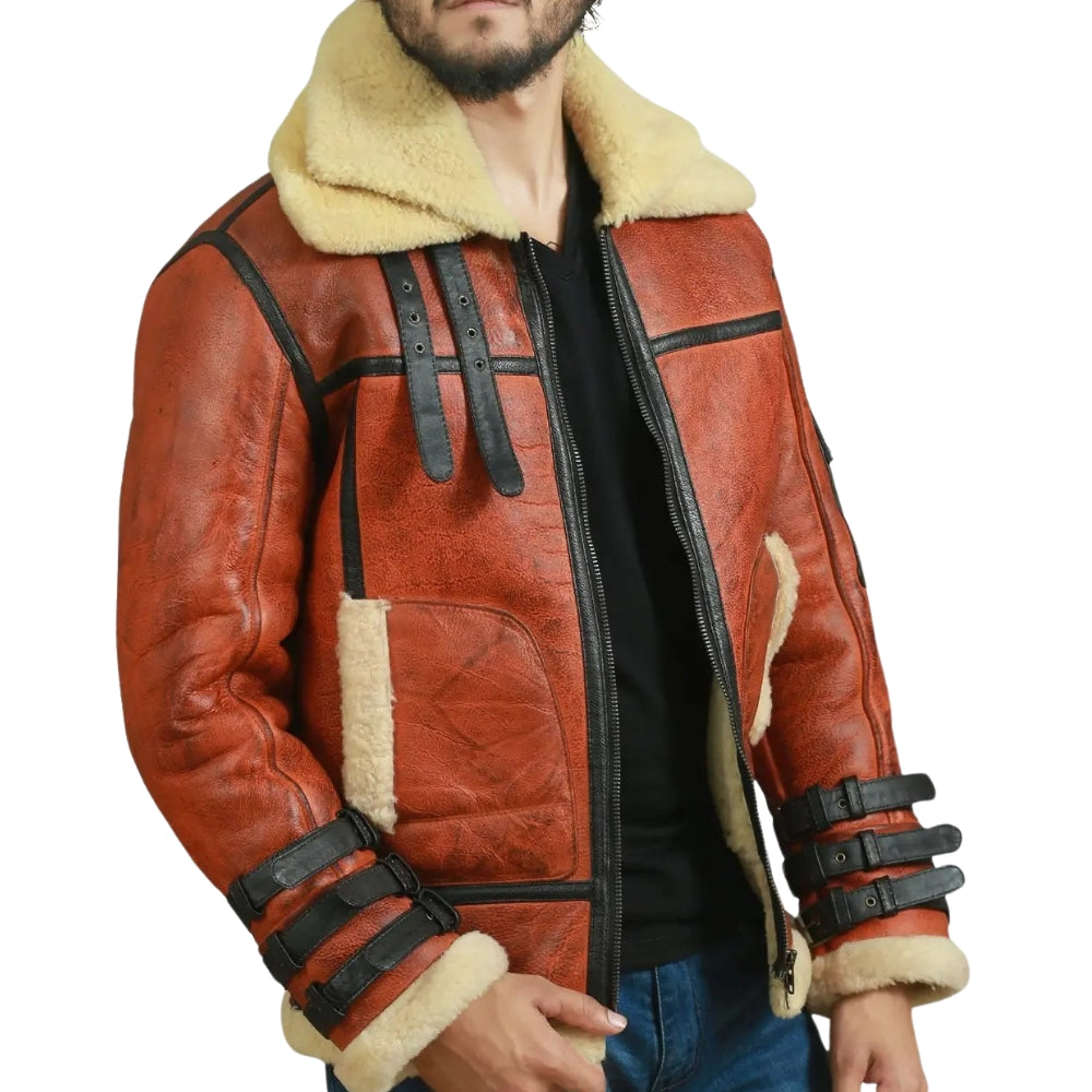 Men's Brown Sheepskin Leather Shearling Bomber Jacket