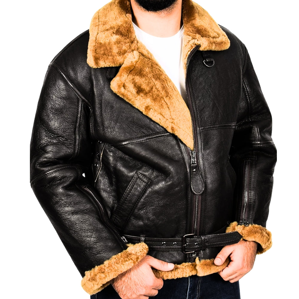 Classic Black Bomber Leather Jacket With Shearling Fur Interior