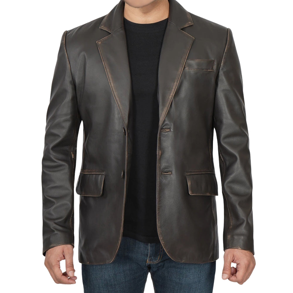 Men's Dark Brown Rub Off Leather Blazer