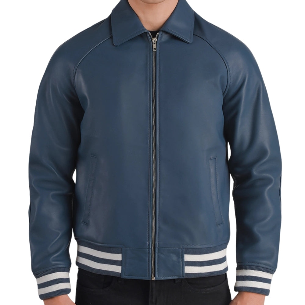 Men's Blue Sheepskin Leather Varsity Jacket