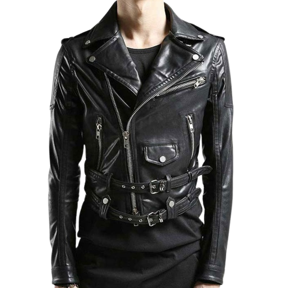 Double-Belt Black Leather Biker Jacket