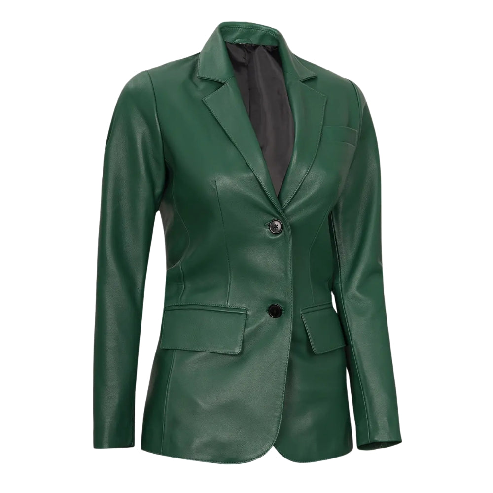 Women's Green Real Leather Blazer Jacket