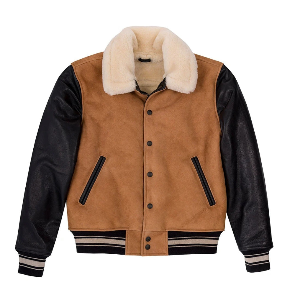 Men’s Tan & Black Shearling Varsity Jacket – Premium Sheepskin Leather