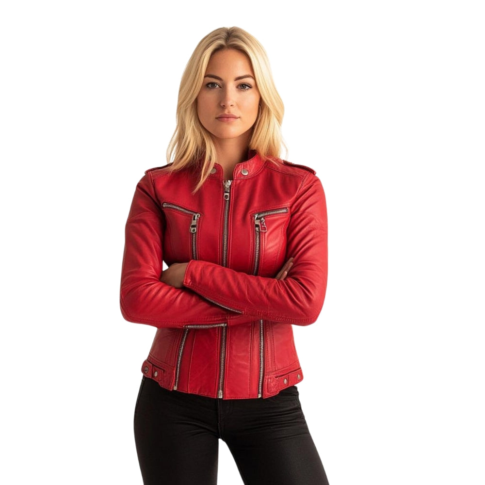 Girls Red Leather Motorcycle Jacket