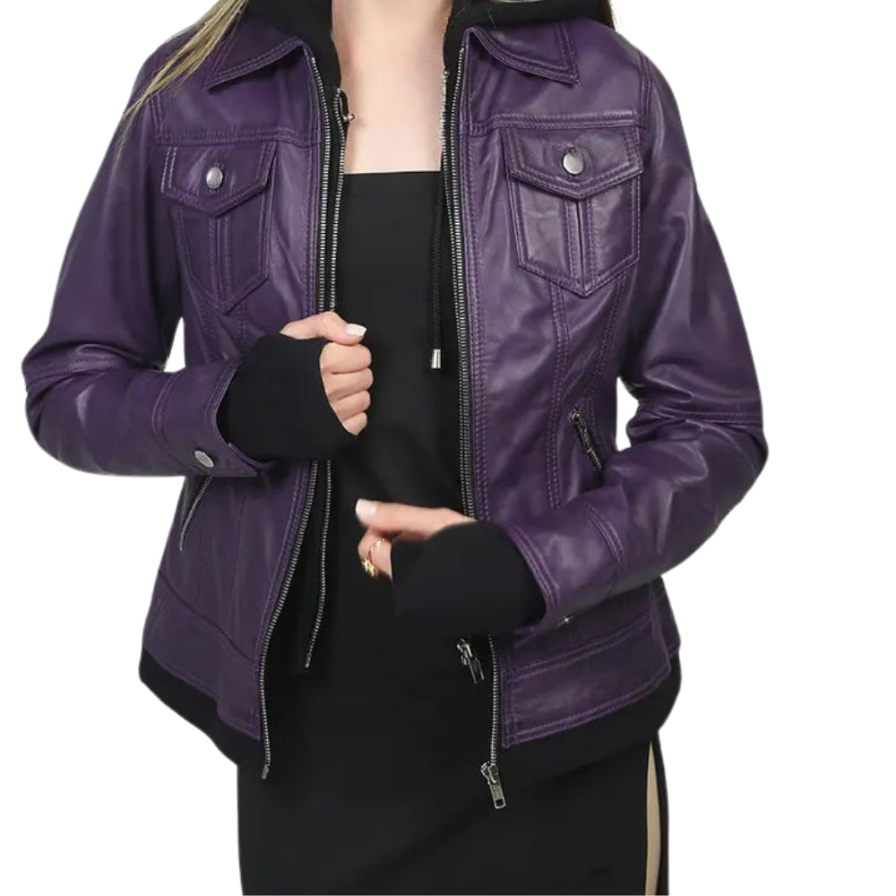 Purple Bomber Leather Jacket with Removable Hood