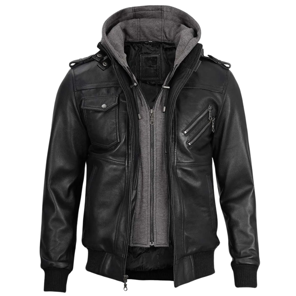 Men’s Black Bomber Leather Jacket with Removable Hood