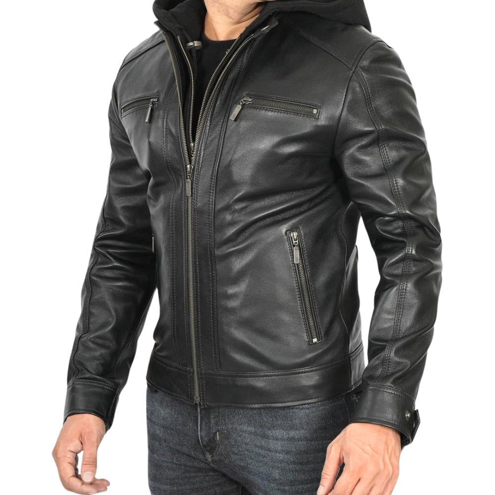 Men’s Black Hooded Cafe Racer Leather Jacket