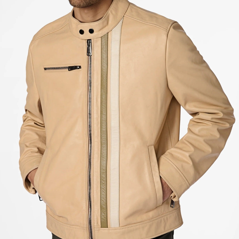 Men’s Genuine Leather Racer Jacket with Stripes