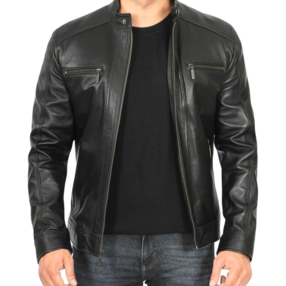 Men’s Black Hooded Cafe Racer Leather Jacket