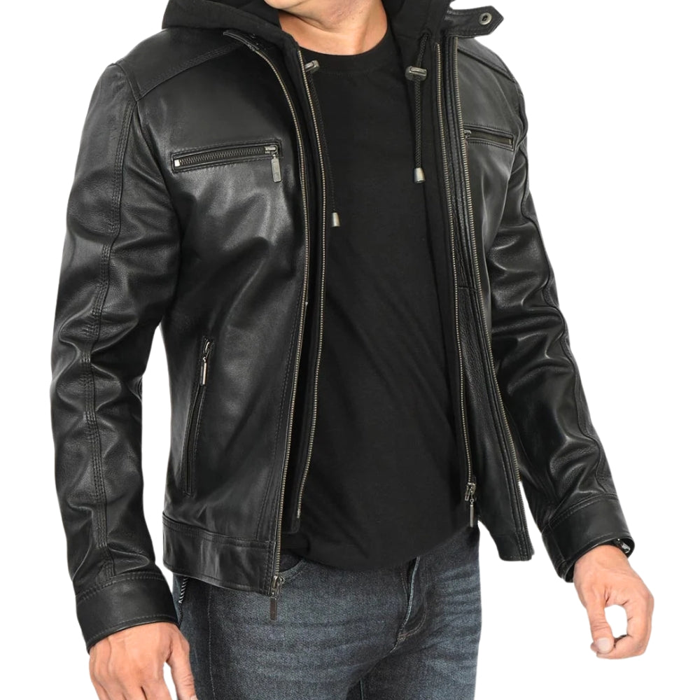 Men’s Black Hooded Cafe Racer Leather Jacket