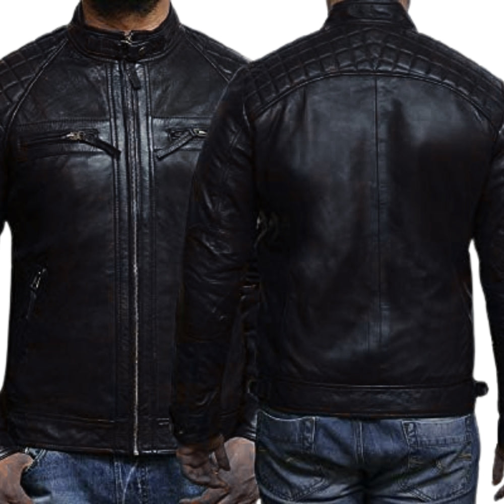 Black Biker Leather Jacket Distressed Retro Real Sheepskin Mens Leather Motorcycle Jacket