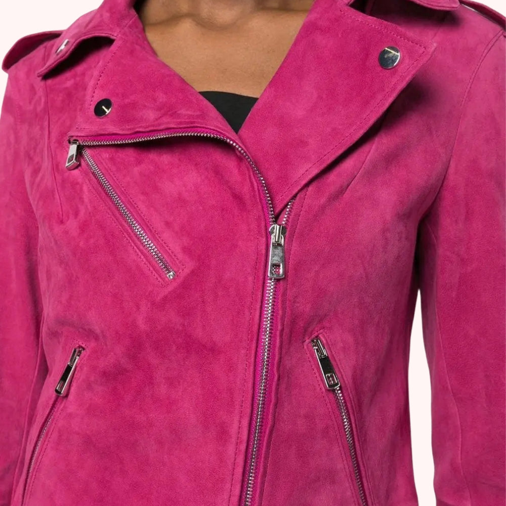 Pink Suede Leather Biker Jacket