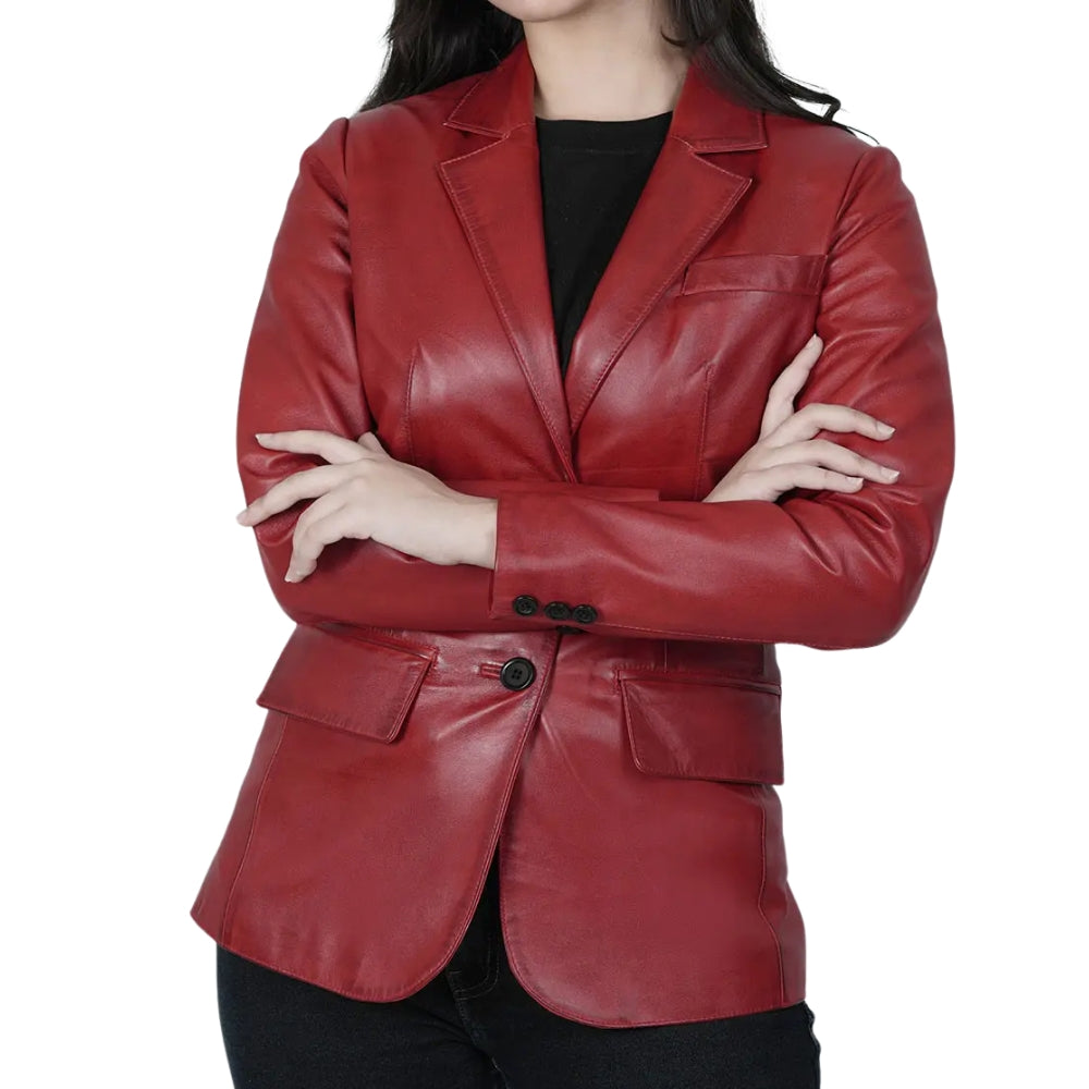 Women’s Red Leather Blazer Jacket