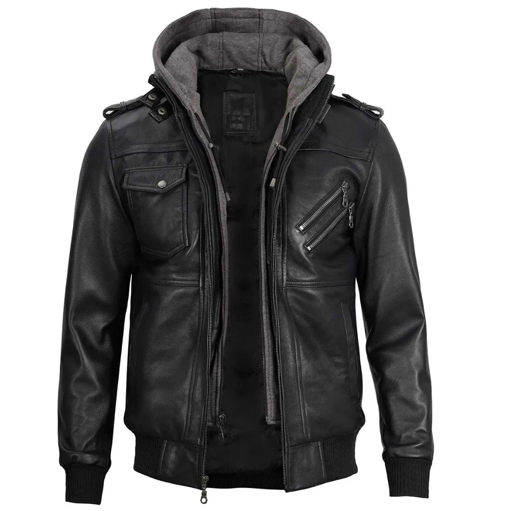 Men’s Black Bomber Leather Jacket with Removable Hood