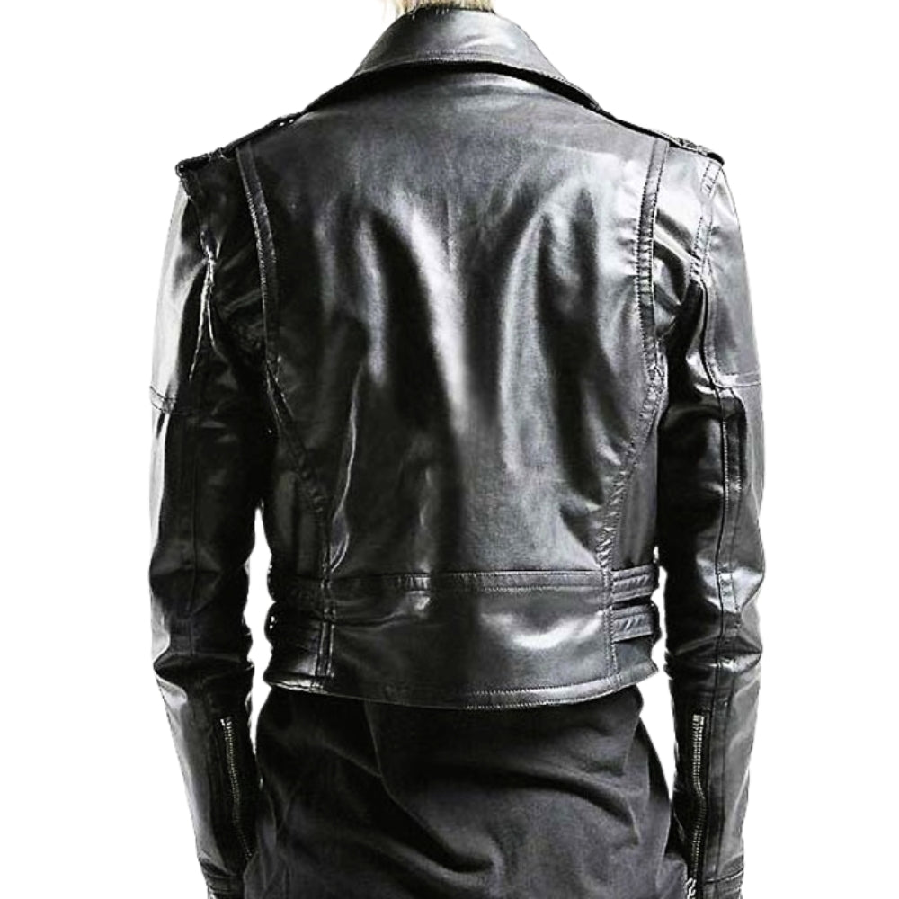 Double-Belt Black Leather Biker Jacket