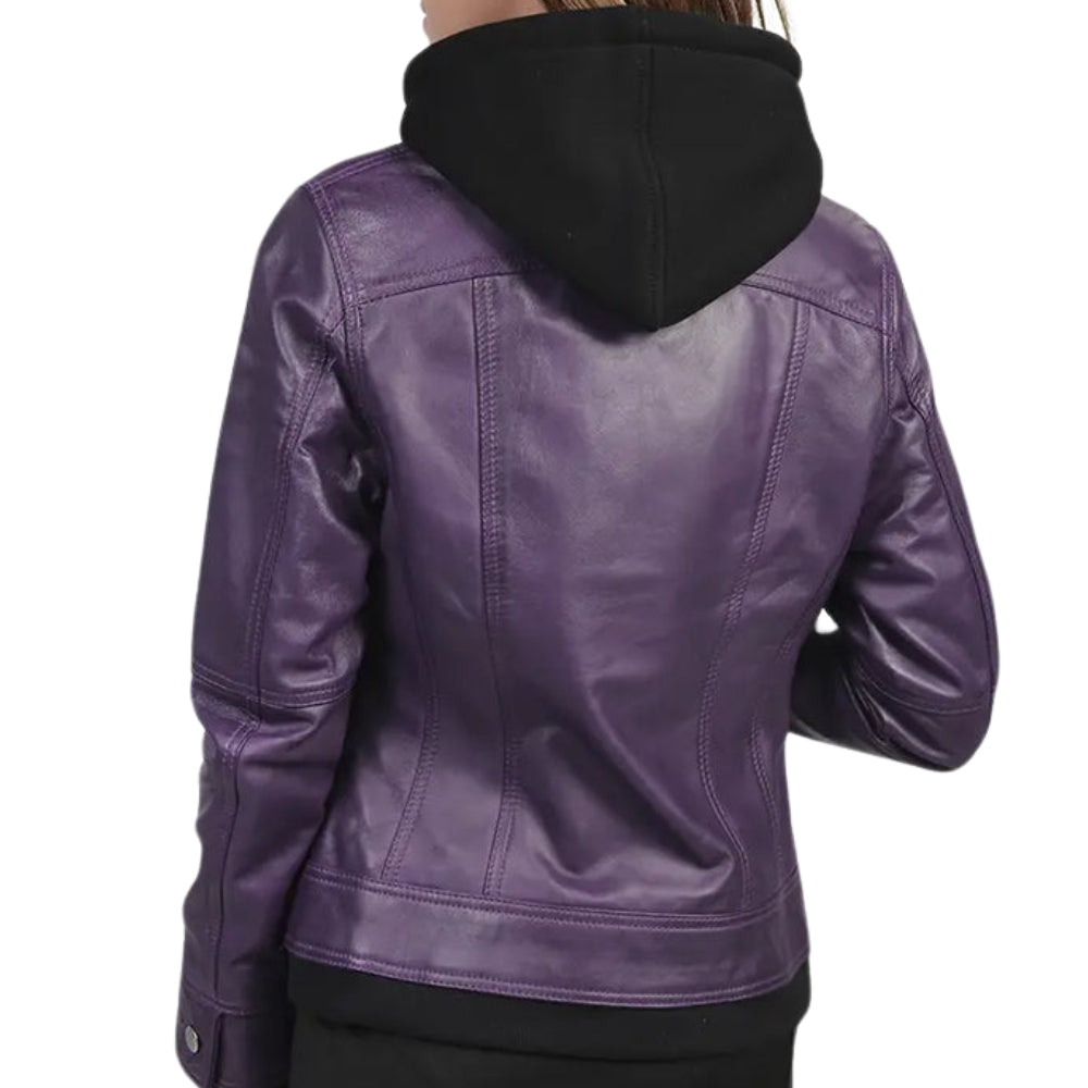 Purple Bomber Leather Jacket with Removable Hood