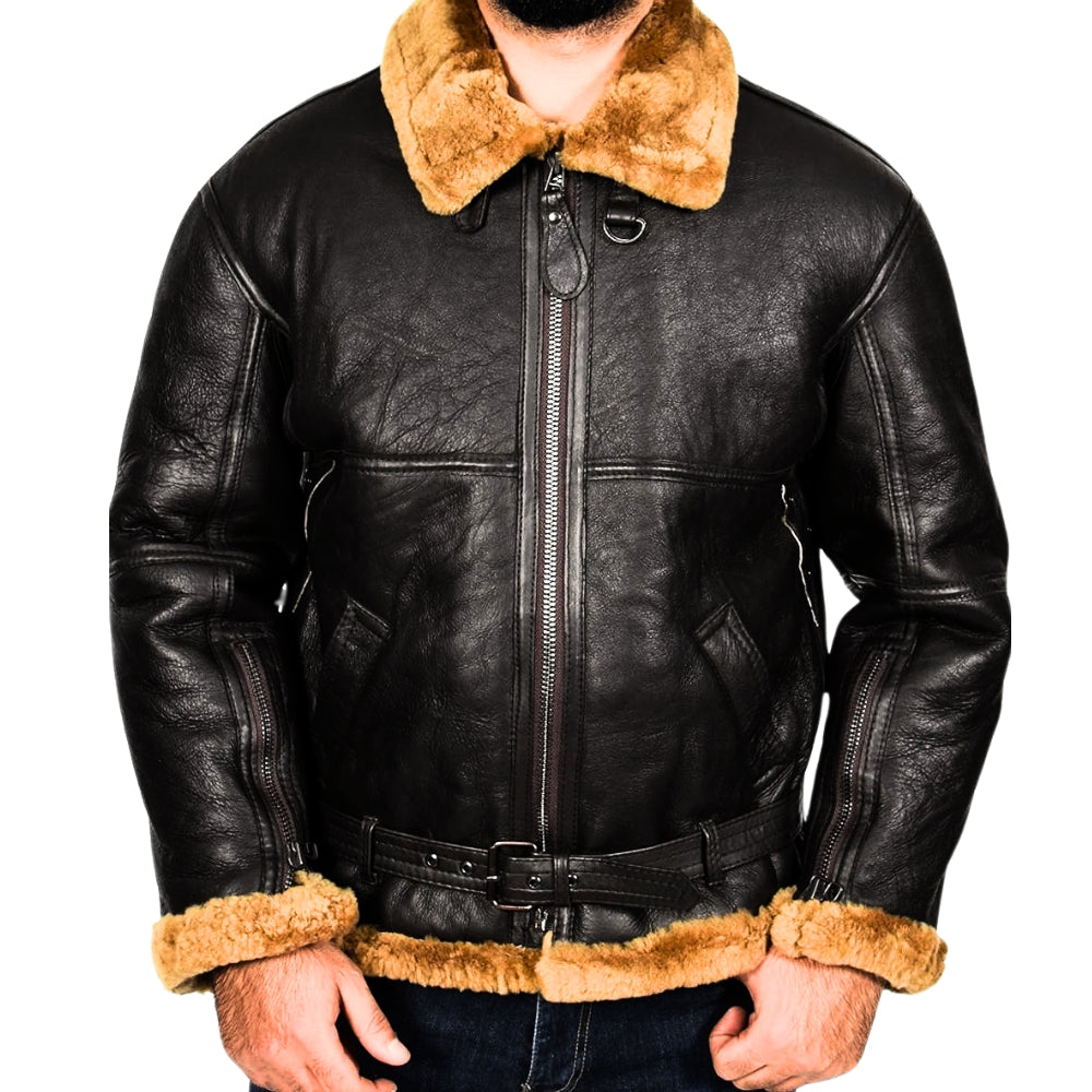 Classic Black Bomber Leather Jacket With Shearling Fur Interior