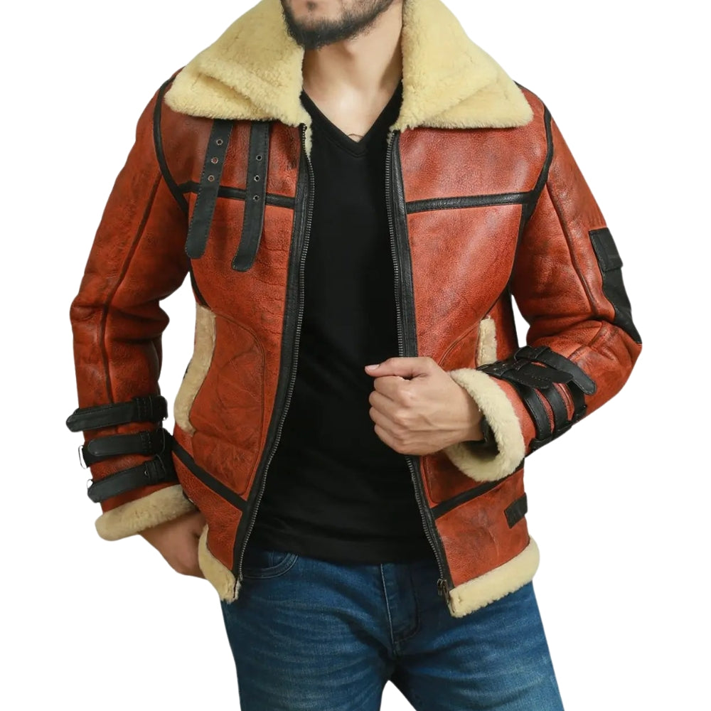 Men's Brown Sheepskin Leather Shearling Bomber Jacket