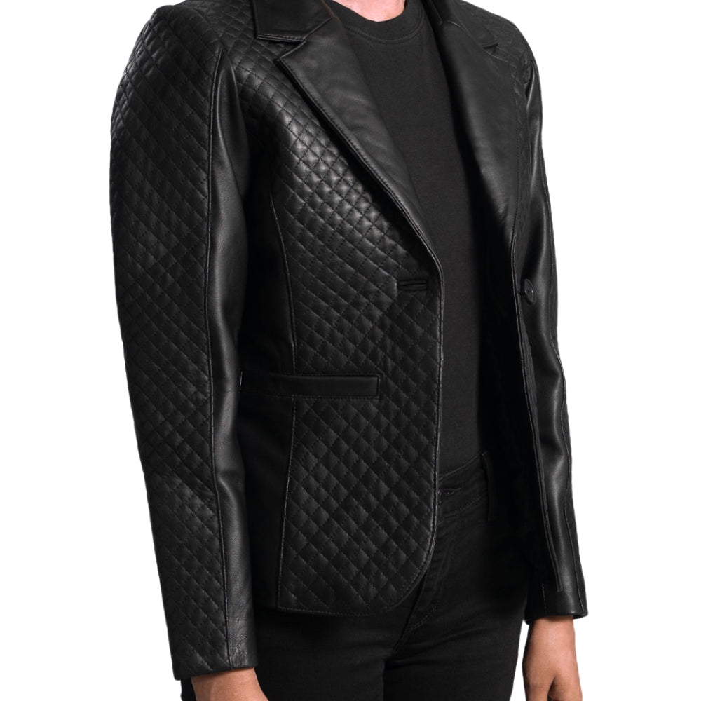 Women's Black Leather Blazer with Zipper Cuffs