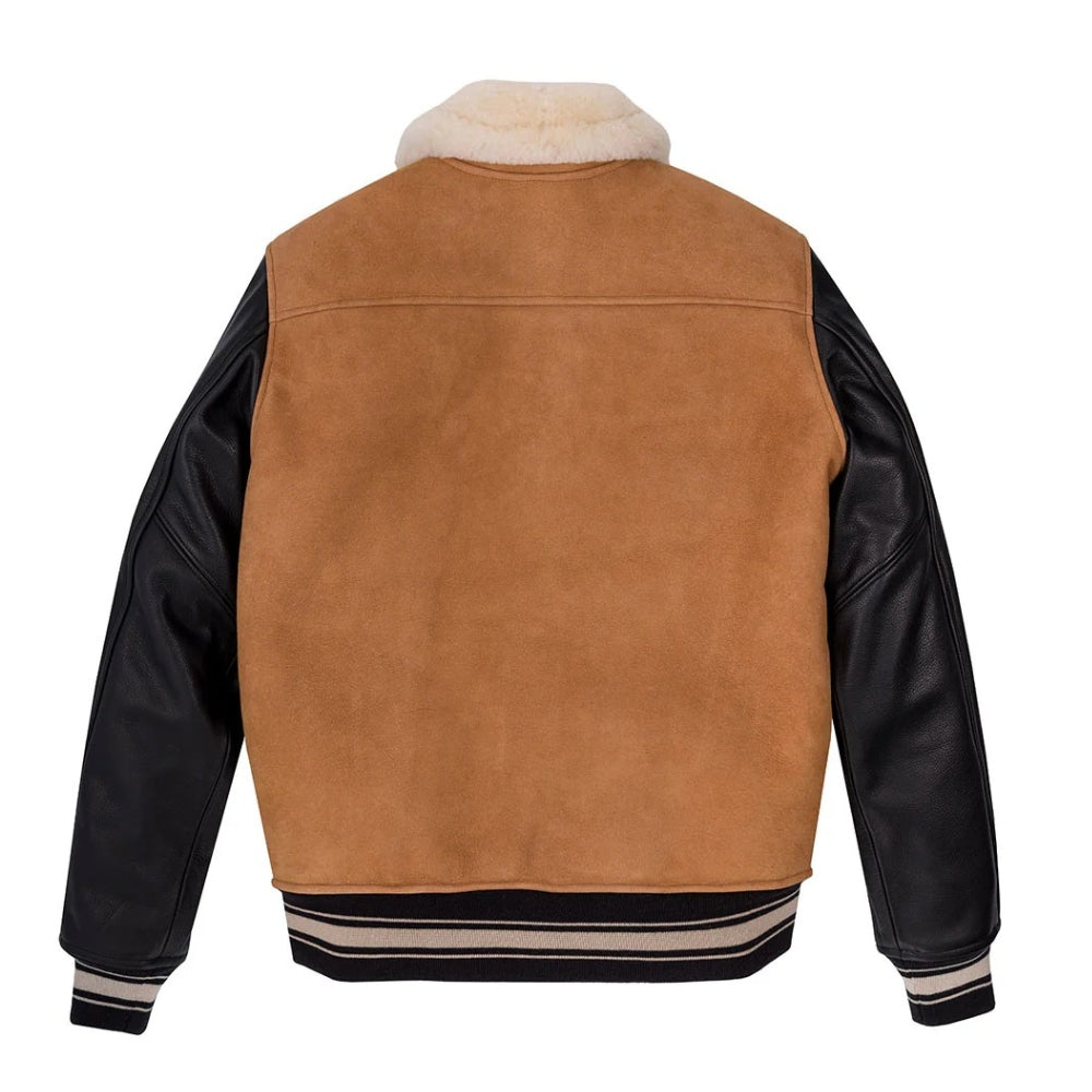 Men’s Tan & Black Shearling Varsity Jacket – Premium Sheepskin Leather