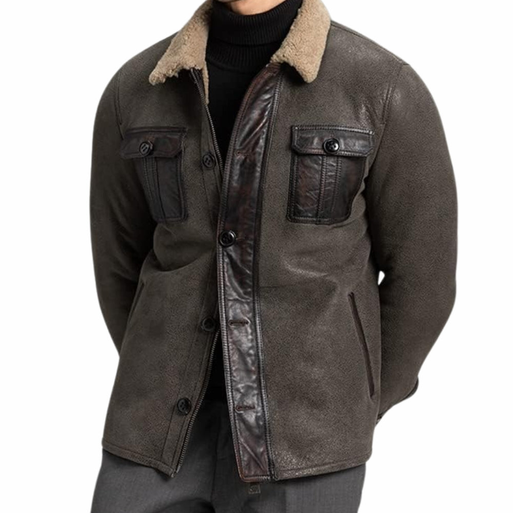 Men's Grey Sheepskin Shearling Bomber Leather Jacket