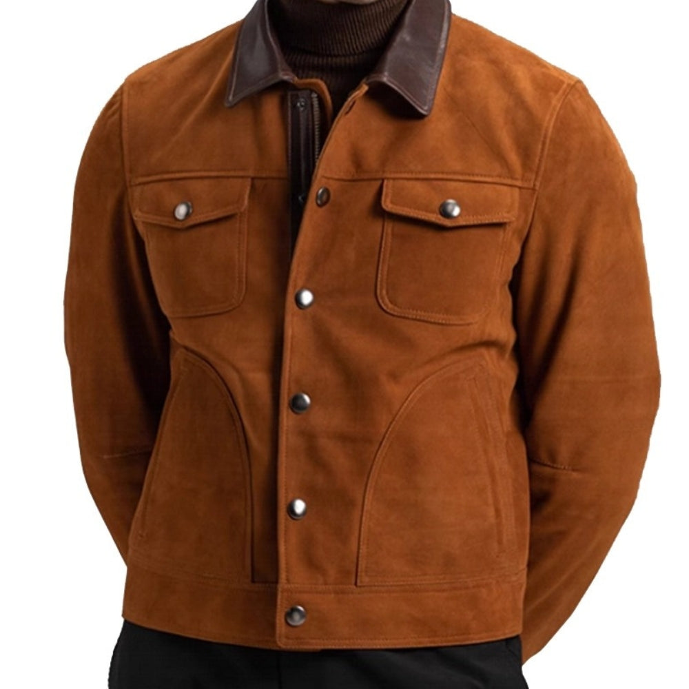 Men’s Brown Suede Trucker Jacket – Vintage Leather Bomber Style