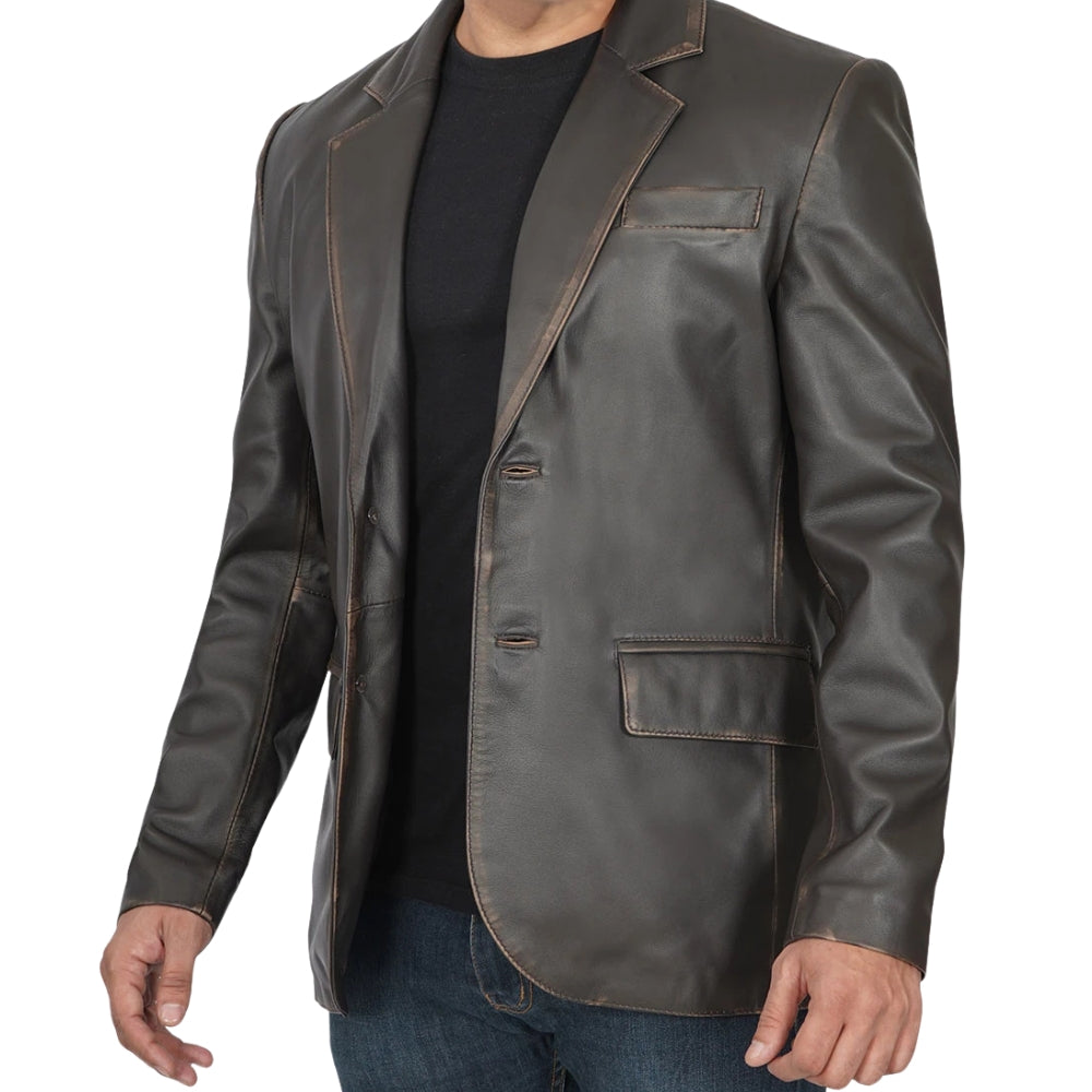 Men's Dark Brown Rub Off Leather Blazer