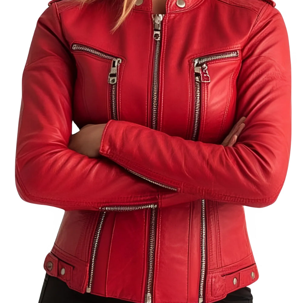 Girls Red Leather Motorcycle Jacket