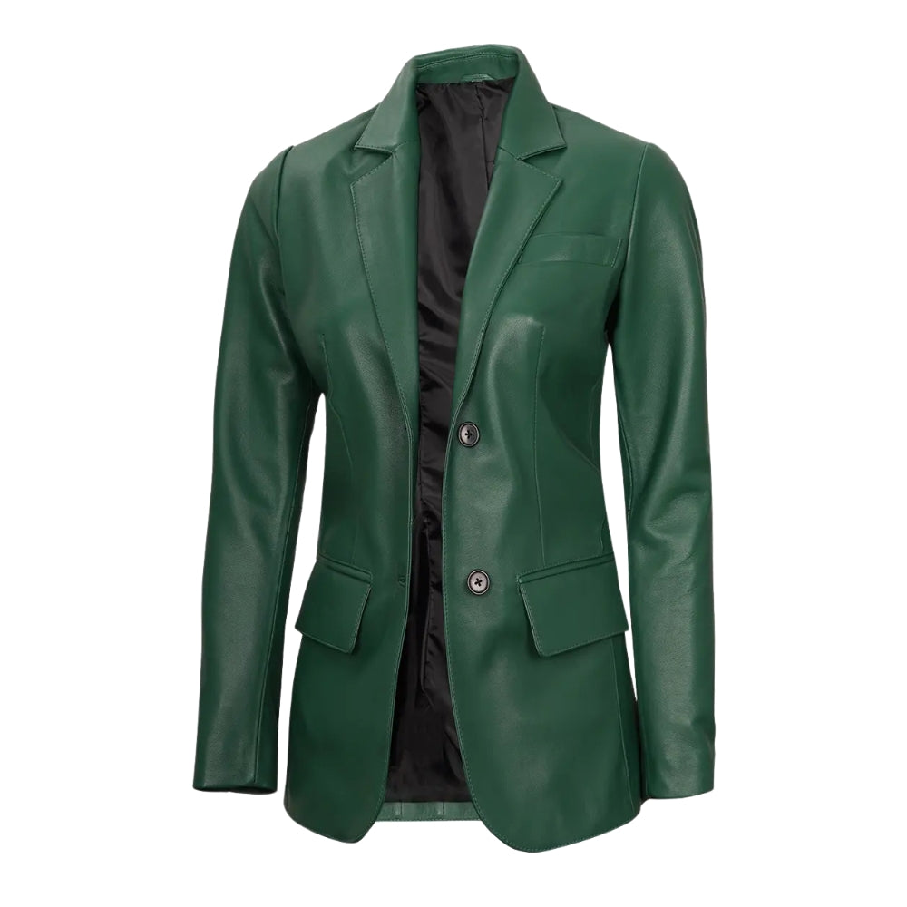 Women's Green Real Leather Blazer Jacket