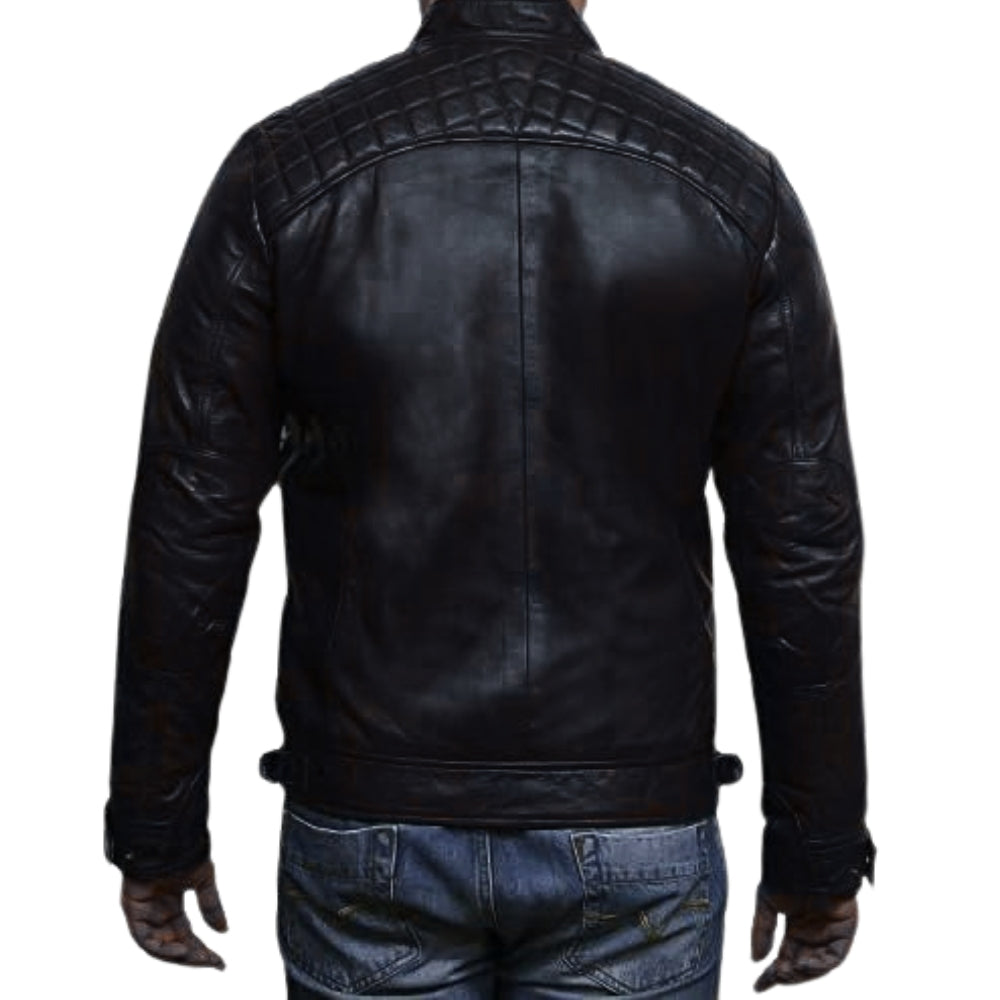 Black Biker Leather Jacket Distressed Retro Real Sheepskin Mens Leather Motorcycle Jacket